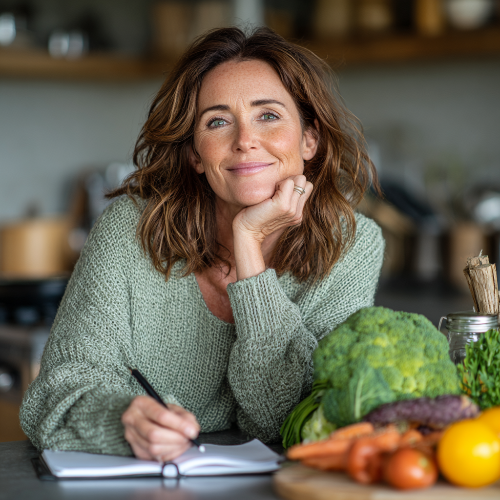 A confident woman in her late 40s with shoulder-length brown hair, wearing a light green sweater, sitting at a modern kitchen table with fresh vegetables, fruits, and a notebook, smiling naturally while planning meals in bright natural lighting