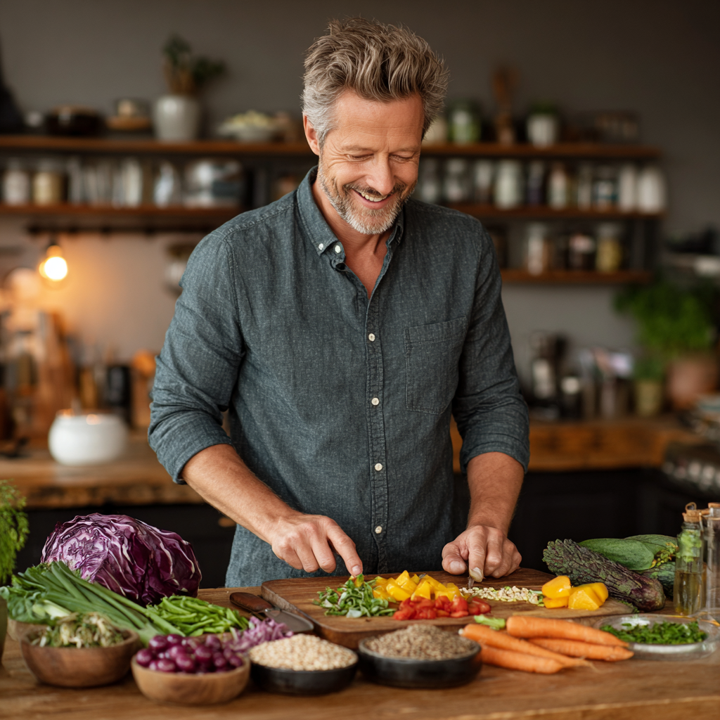 A fit man in his early 50s with graying hair and a friendly smile, wearing a casual button-down shirt, standing in a bright modern kitchen while preparing a colorful salad with various fresh vegetables, fruits and grains spread on a wooden cutting board